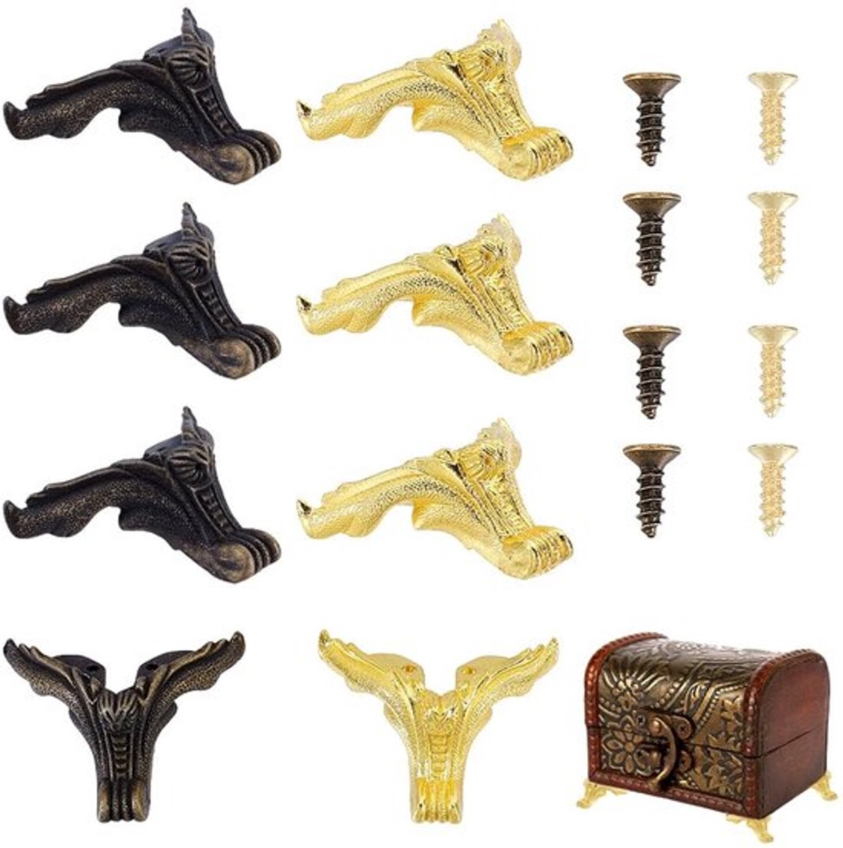 Kastbenen Set van 8 - Decoratieve Houten Kastbenen - Retro Ontwerp - Antiek Brons/Gouden - Afmetingen 47x47x28,5 mm - Inclusief Schroeven - Meubelpoten