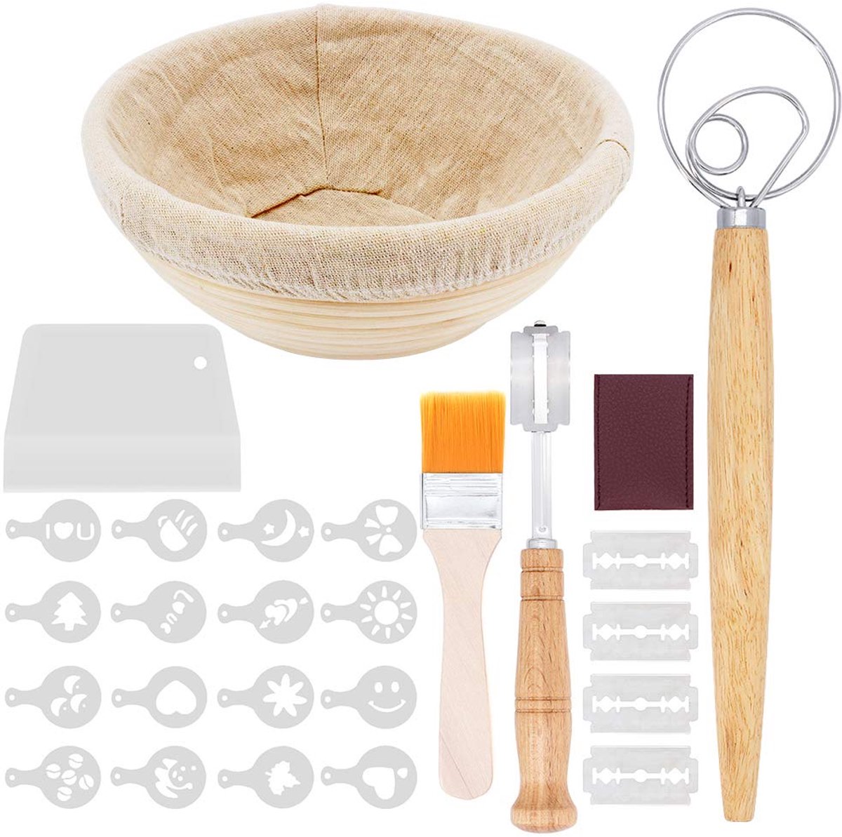 SnelShoppen - Gearific rond broodrijsmandje 23 cm - Natuurlijke rotan zuurdesemrijsmand met 6 stuks bakgereedschap voor professionele thuisbakkers - P