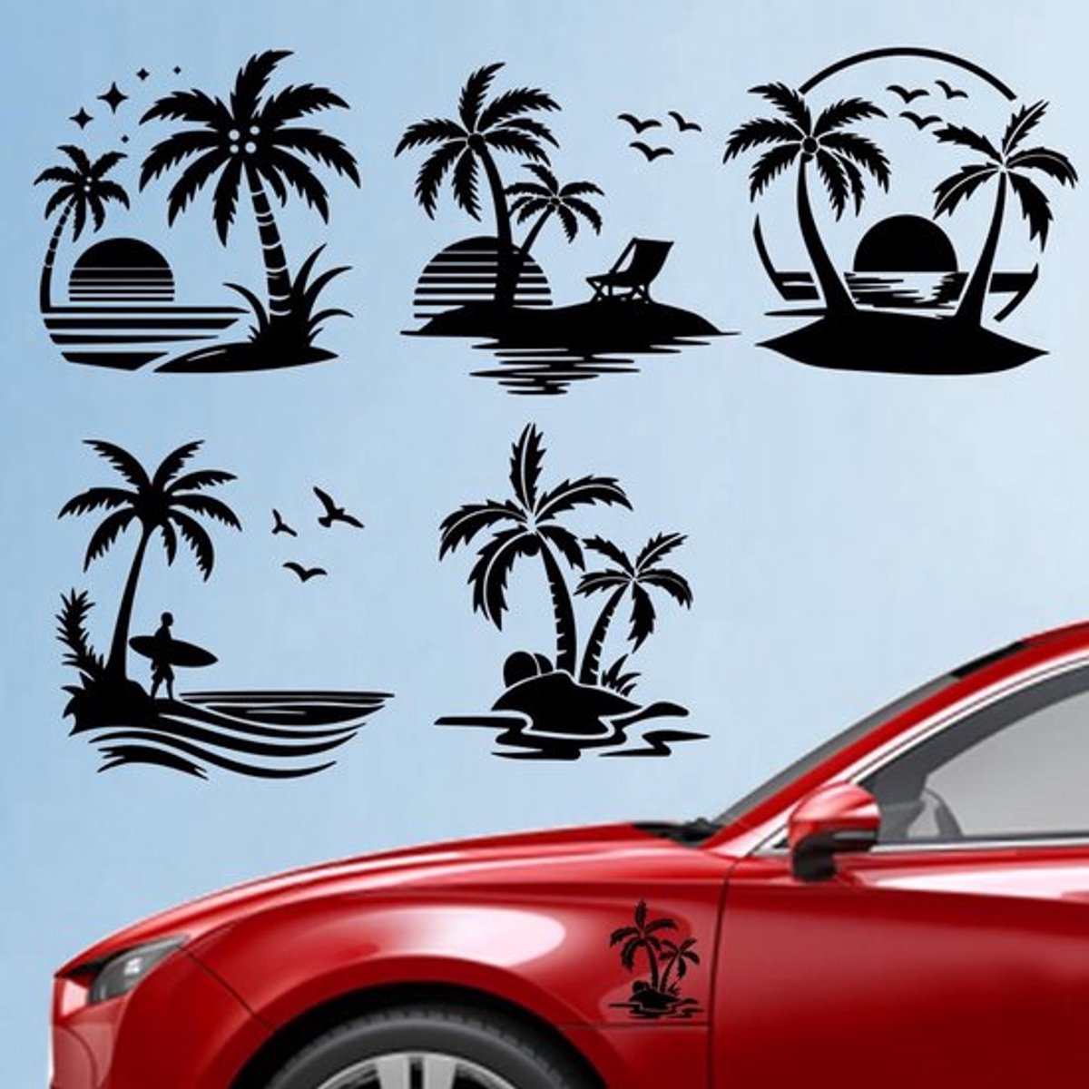 Autosticker Kokosnootboom - 5 Stuks - Vinyl - Voertuigdecoratie - Strandscène - Oceaan/Zonsondergang - 15,5 x 14,8 cm - Autodecoratie