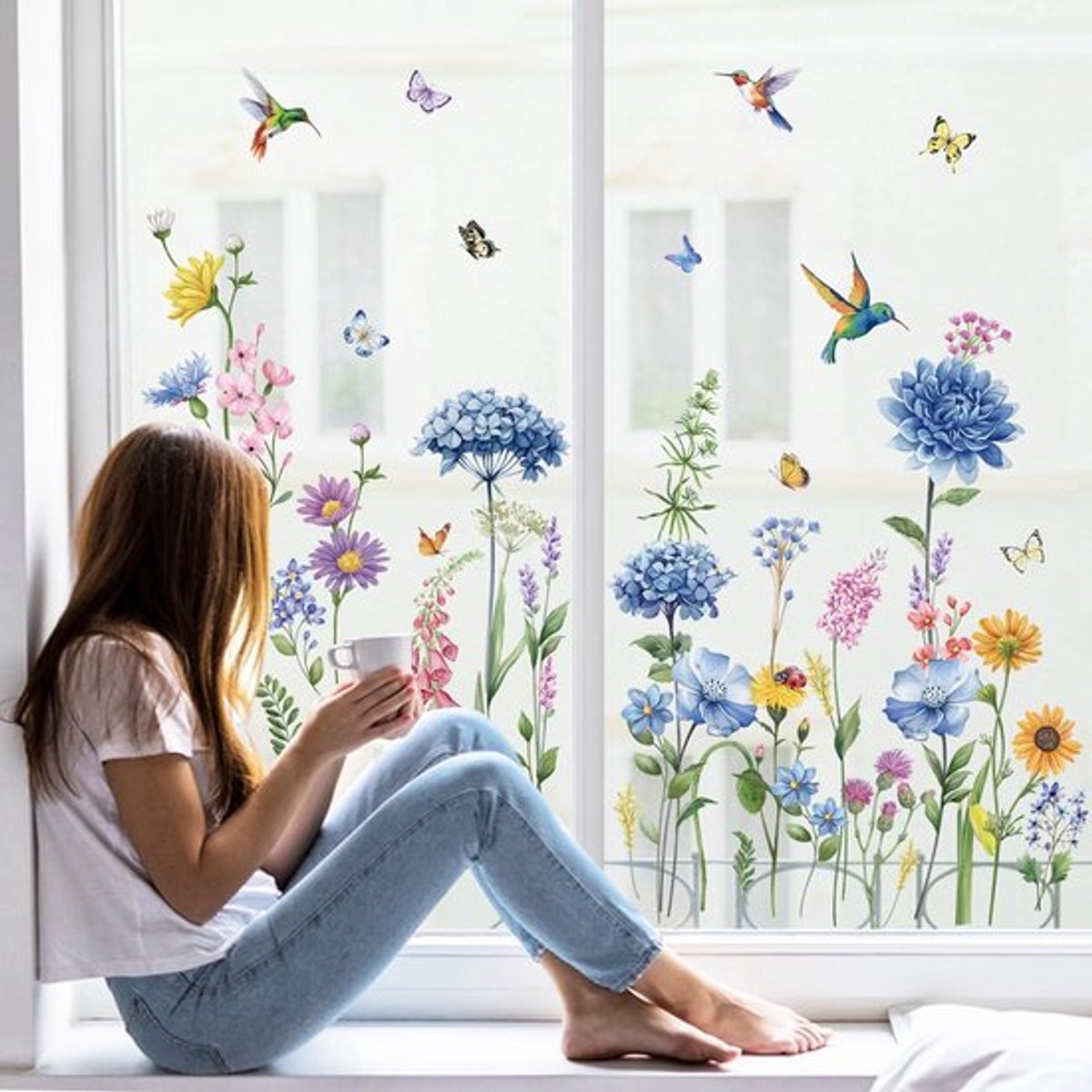 Raamstickers Bloemen - Dubbelzijdig PVC - Raamdecoratie - Antikras - Herbruikbaar - Unieke Cadeau Idee