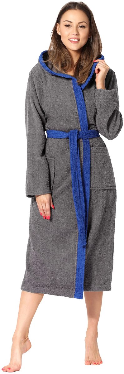 SnelShoppen - Dames Badjas 100% Katoen XL Donker Grijs/Blauw - Luxe Badjas voor Thuis, Wellness, en Ontspanning - Ideaal voor Koudere Dagen