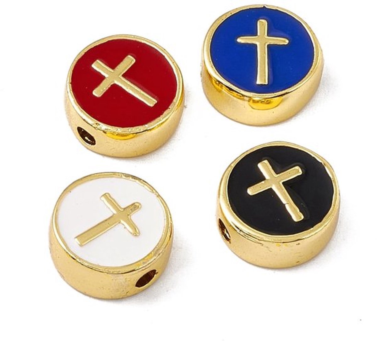 Kruiskralen 10 Stuks - Platte Ronde Kralen - Messing/Emaille - Religieuze Spacer Kralen - Voor Sieraden Maken - 11 mm Diameter