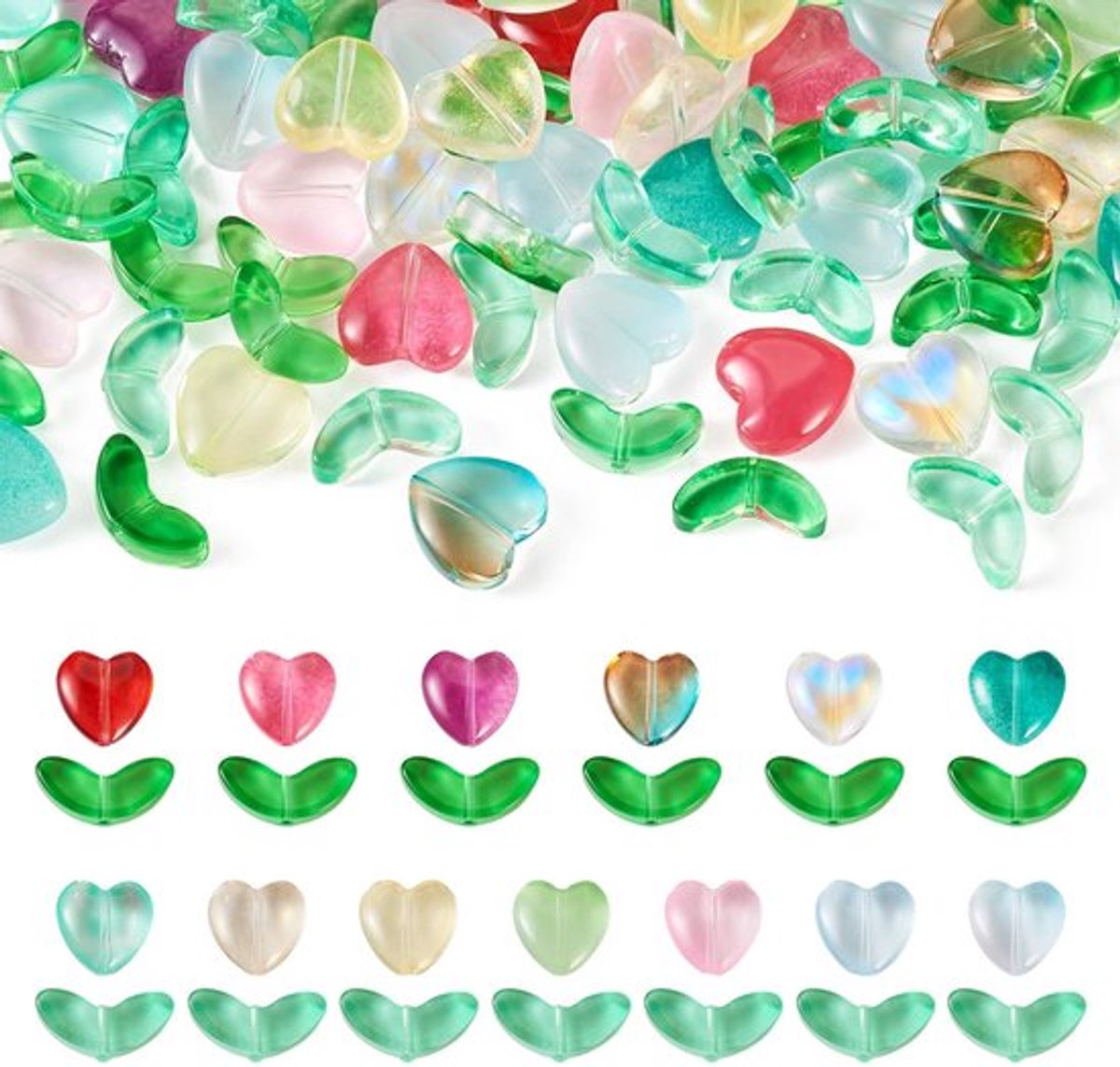 Bloemkralen 78 Stuks - Transparante Glazen Kralen - Hart/Blad Kralen - DIY Sieraden Maken - 13 Kleuren - Opbergdoos 10.8x7.4x1.8cm - Sieradenkralen