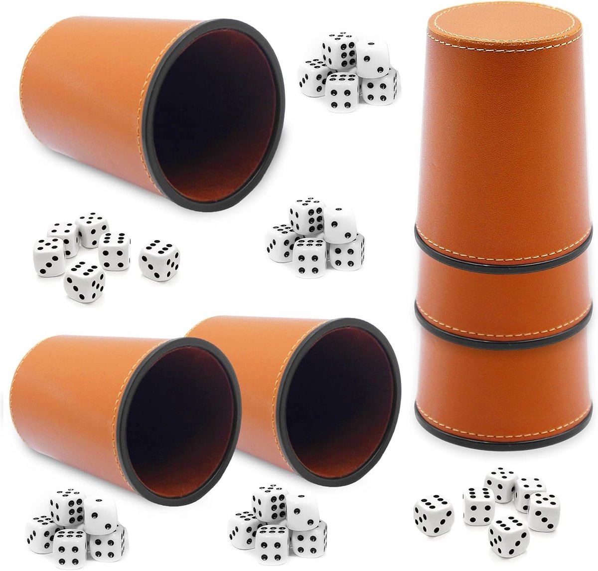 SnelShoppen - Dice Cup Set 6 Stuks Schokbestendig Leer met 36 Dobbelstenen (16mm) voor Bar Feest Spellen, Bruin