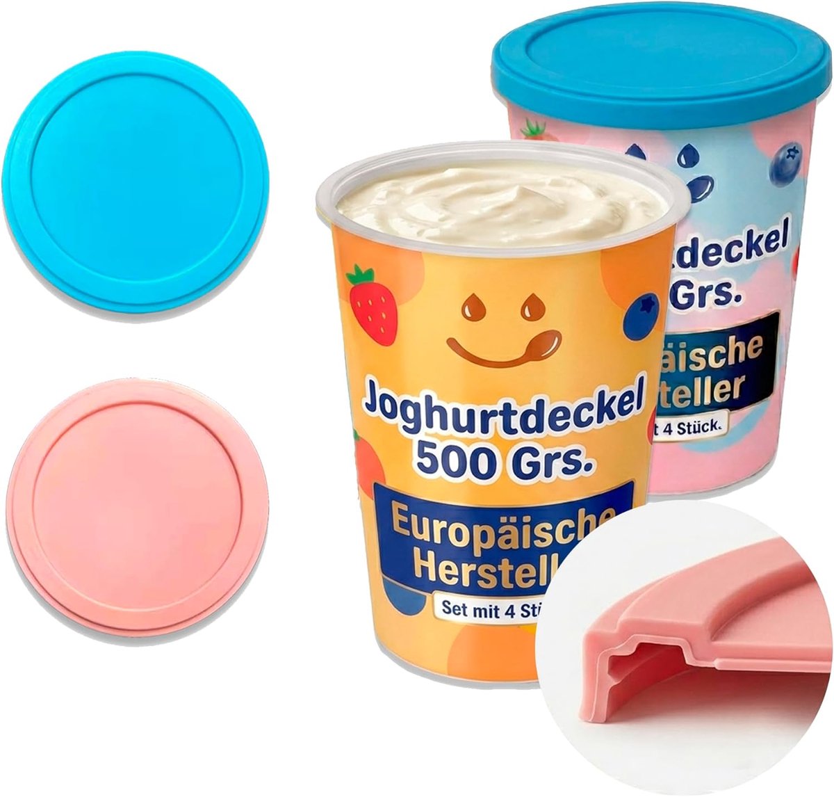 SnelShoppen - Herbruikbaar Yogurt Lid 500g - Flexibele Silicone Deksel voor Yoghurtbekers - 2 Stuks in Roze-Blauw - Universele Pasvorm voor 250g en 50