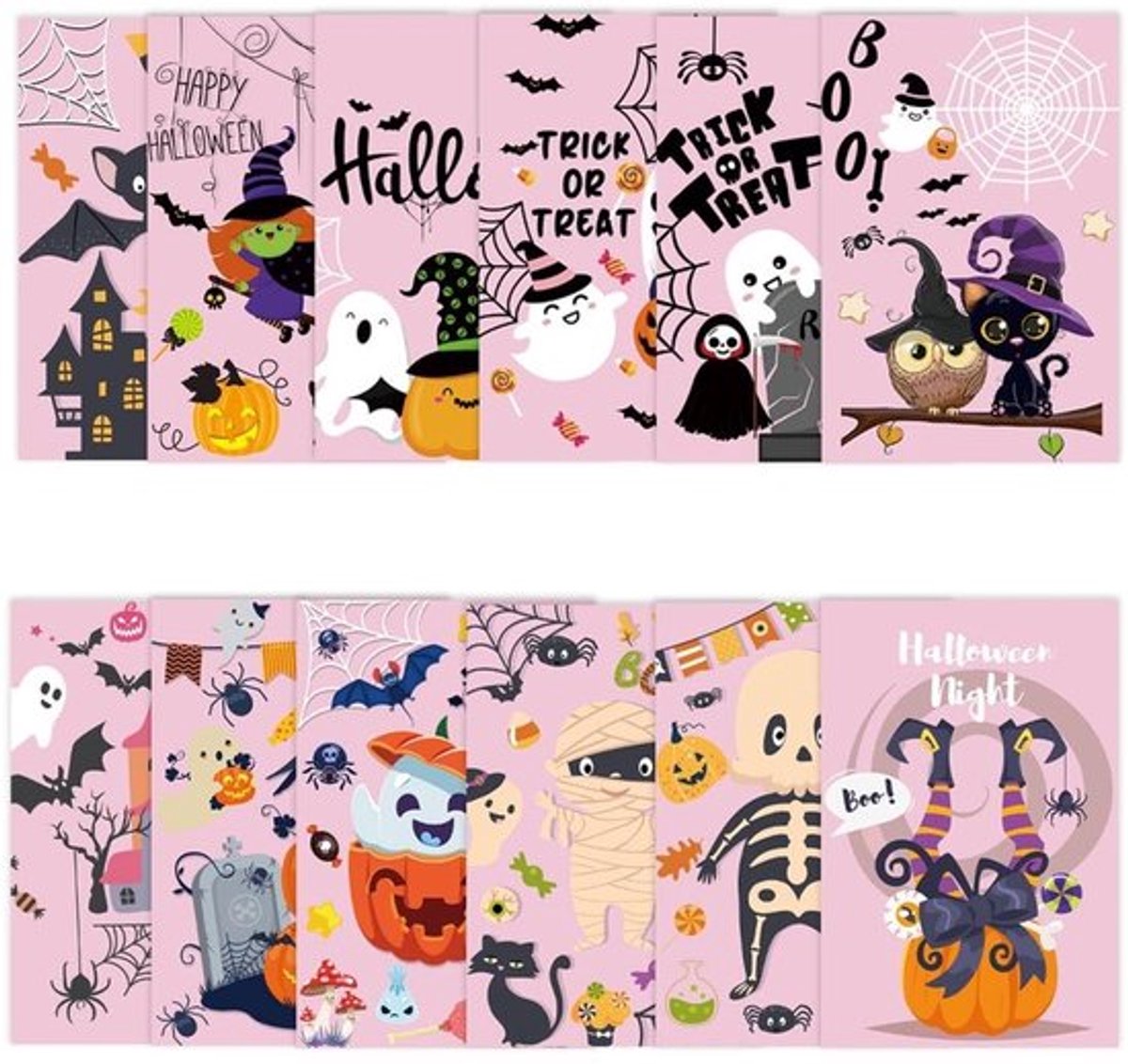 Wenskaart Halloween set - 12 stuks - Ansichten - Cadeaubonnen - Feestelijke ontwerpen - Hoogwaardig karton - Duurzaam - Ansichtkaart