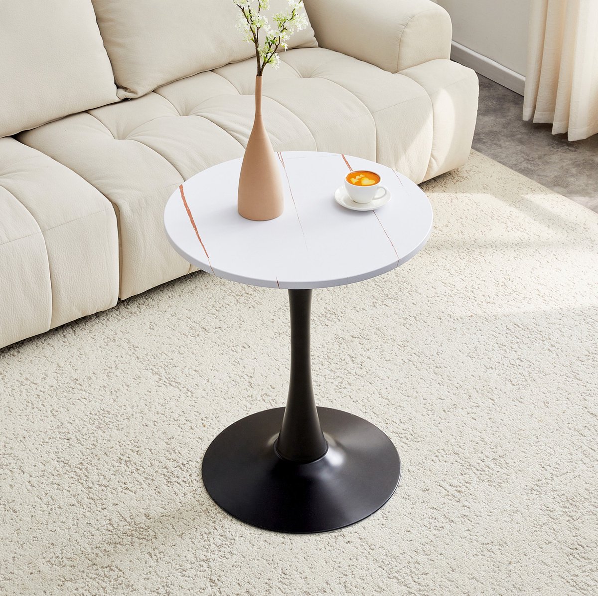 MEUNIQ ronde bijzettafel 60 cm met MDF tafelblad en metalen middenpoot, 72 cm hoog, wit en zwart, kleine eettafel of koffietafel voor woonkamer