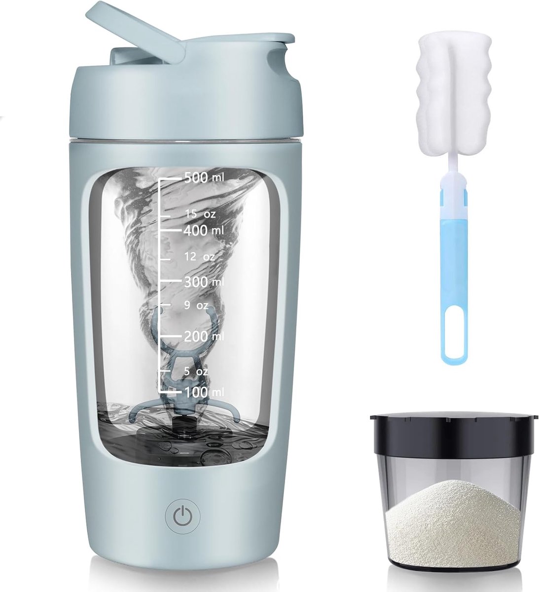 Elektrische eiwitshaker met poedervak, 650 ml, oplaadbaar via USB, voor eiwitshakes en milkshakes, BPA-vrij, blauw