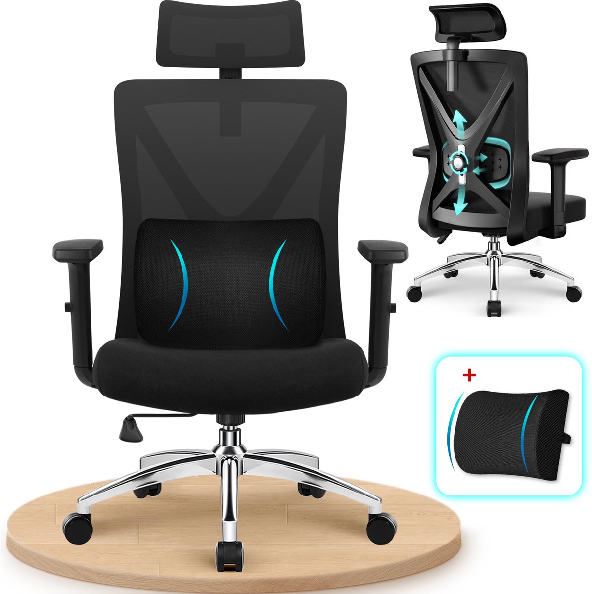 Fukstern Ergonomische Bureaustoel – Bureaustoel voor Volwassenen – Verstelbare Armleuningen & Hoofdsteun – Inclusief Lendenkussen – 135° Kantelfunctie – Metalen Voetkruis – Belastbaar tot 155 kg – Zwart Zwart-Met lendekussen