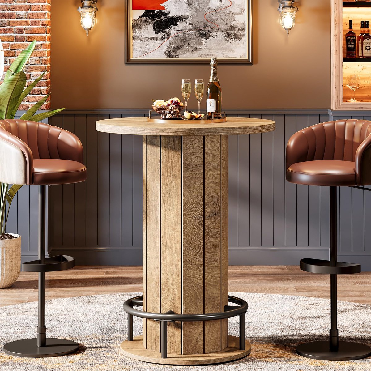 LITTLE TREE Ronde Bartafel - Bistrotafel - Hout met metalen voetsteun - Lichtbruin - Modern - 100 cm hoog - Geschikt voor koffie, cocktail en woonruimtes