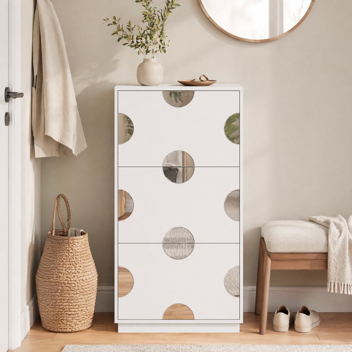 COVREO Schoenenkast 63 x 24 x 120 cm – wit MDF, 3 kleppen, ronde spiegel en smal staand ontwerp