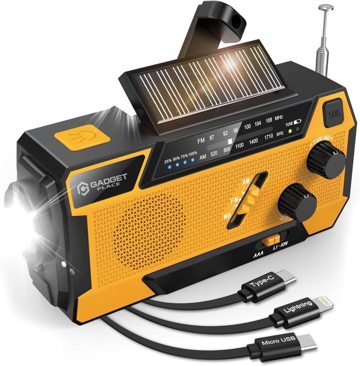SnelShoppen - Noodradio met Powerbank & SOS Alarm – Solar, Opwindbaar, AM/FM & NOAA Weerradio – Draagbare Survival Radio met Zaklamp voor Camping, Out
