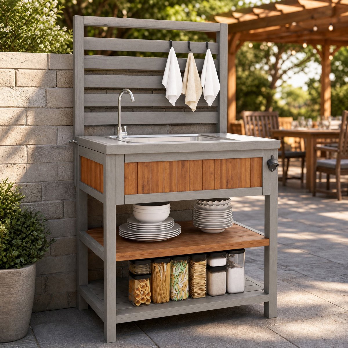 MODENUIT Opbergkast - Met Wastafel En Waterkraan - Voor Tuin En Terras - Hout - 80x51x148,5 cm - Naturel