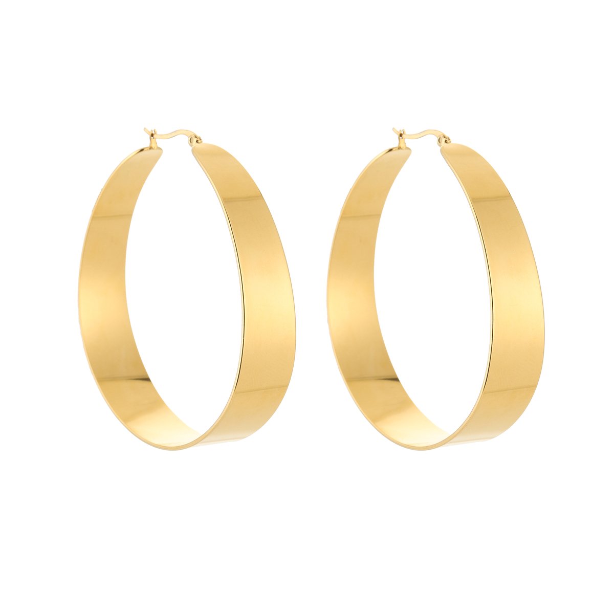 Stainless Steel Wide Flat Band XL Hoops – Luxe Plat Buis Oorringen – RVS - Goud