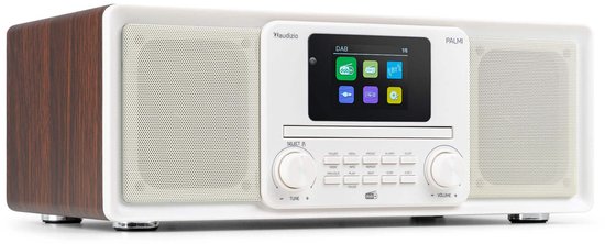 Witte DAB+-radio met houten accenten, kleurendisplay met iconen en bedieningsknoppen.