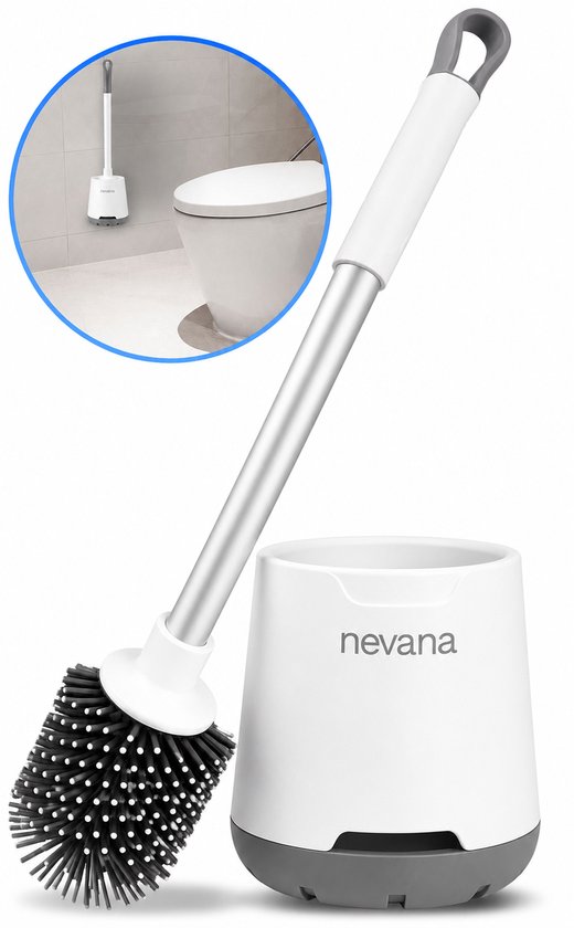 Brosse de toilette blanche avec tête de brosse en silicone grise et un support gris et blanc. Le support est rond avec une base grise.