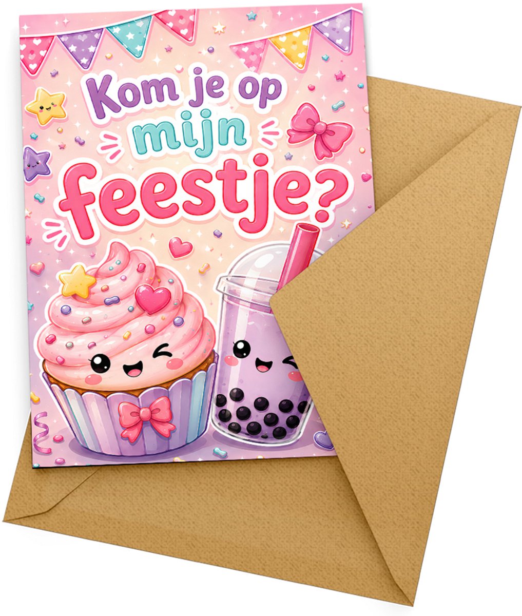 Uitnodiging kinderfeestje Bubble Tea + enveloppen - 10 stuks - Beschrijfbaar - Uitnodigingskaarten - Uitnodiging verjaardag - Uitnodiging verjaardagsfeest - Uitnodiging kinderfeestje jongen of meisje - Uitnodiging feestje – Uitnodigingen