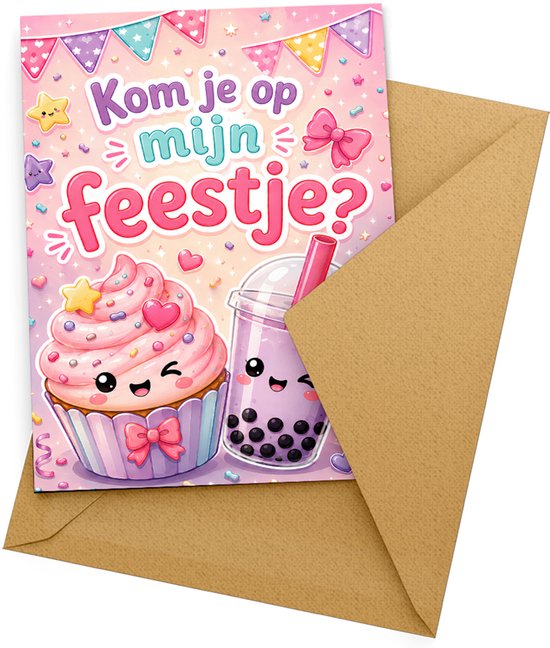 Uitnodigingskaart 'Kom je op mijn feestje?' met een kawaii cupcake en bubble tea in een bruine envelop.