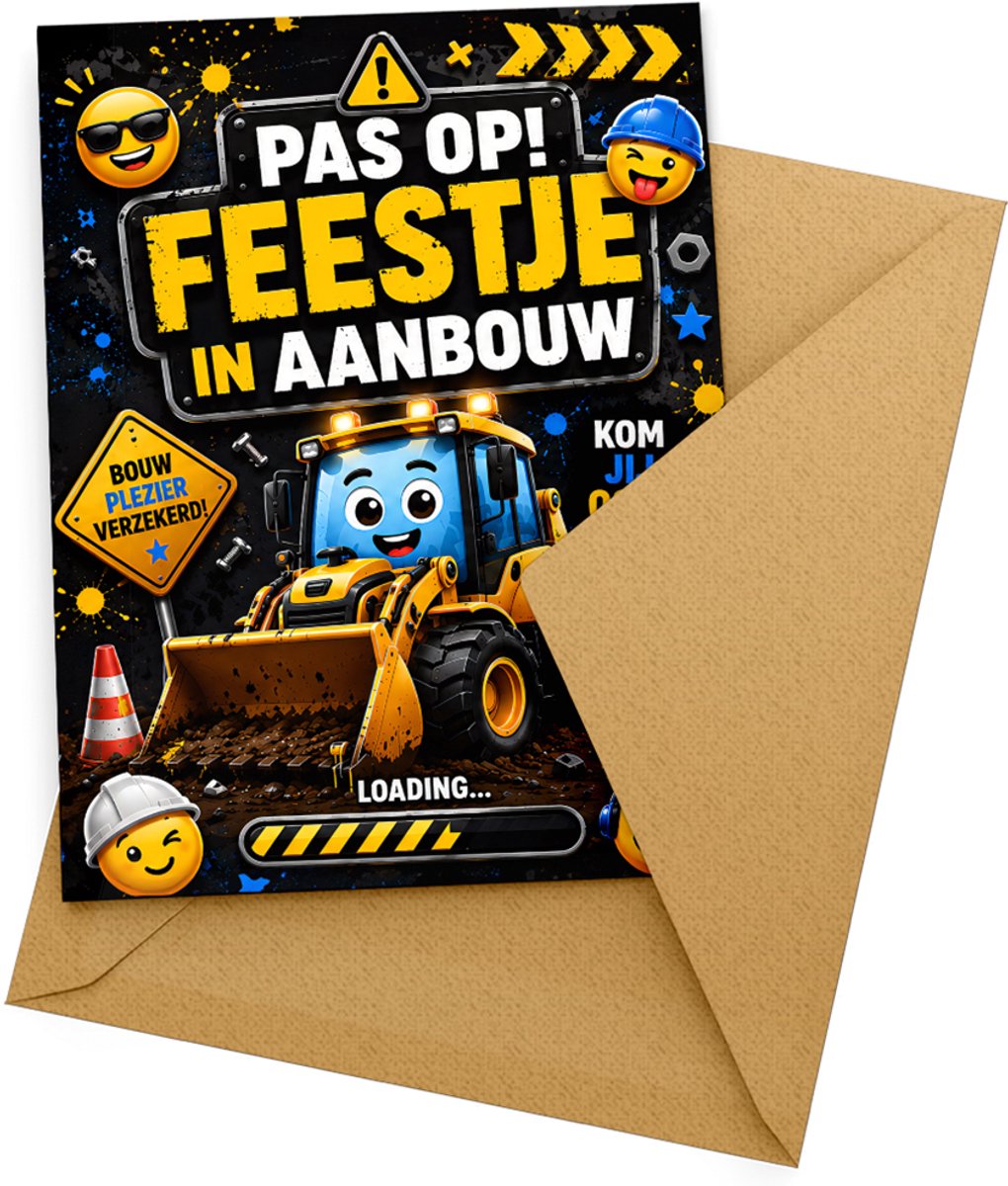Uitnodiging kinderfeestje Bouwen + enveloppen - 10 stuks - Beschrijfbaar - Uitnodigingskaarten - Uitnodiging verjaardag - Uitnodiging verjaardagsfeest - Uitnodiging kinderfeestje jongen of meisje - Uitnodiging feestje – Uitnodigingen