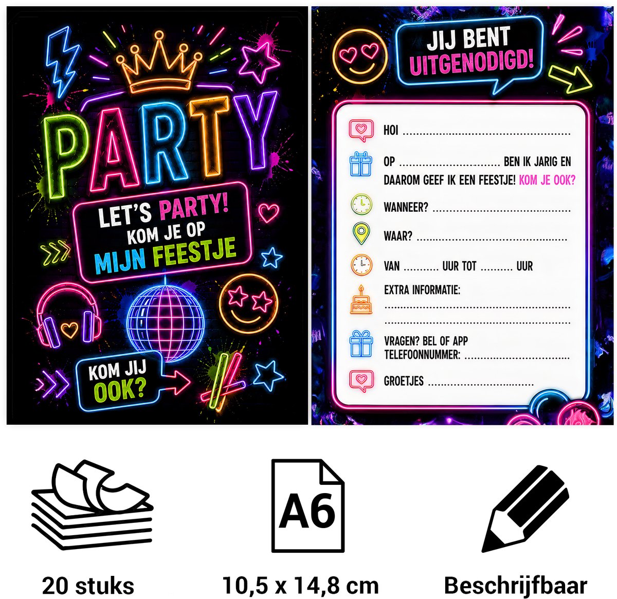 Uitnodiging kinderfeestje Neon Party - voordeelset 20 stuks - Beschrijfbaar - Uitnodigingskaarten - Uitnodiging verjaardag - Uitnodiging verjaardagsfeest - Uitnodiging kinderfeestje jongen of meisje - Uitnodiging feestje – Uitnodigingen