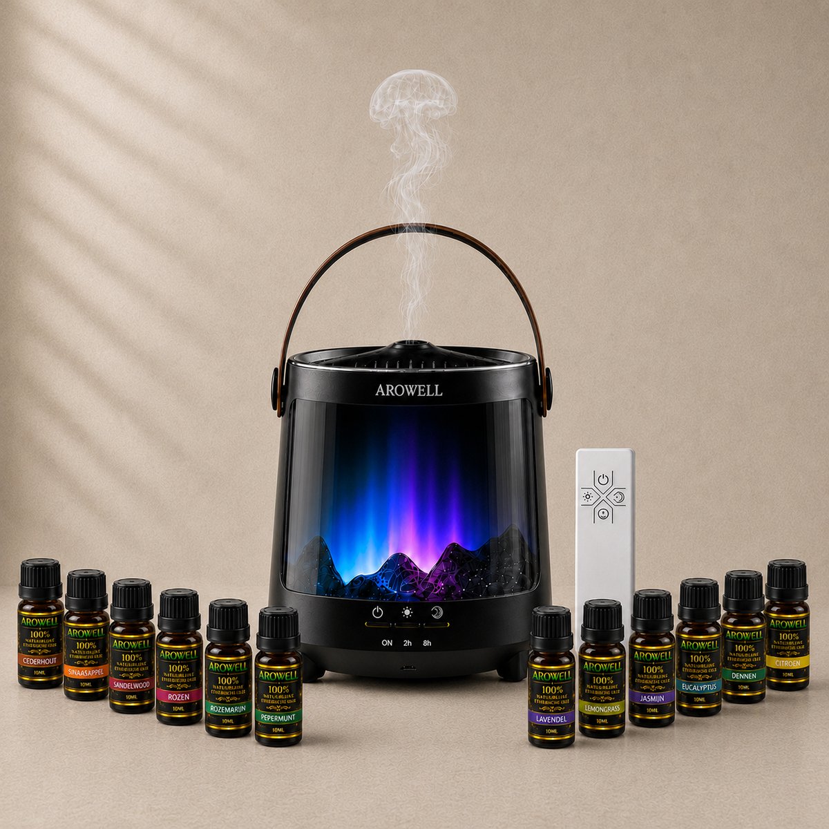 Arowell - Aroma Diffuser Zwart met 12 Etherische Oliën 10 ml – 300 ml – Aurora Noorderlichteffect – Kwalnevel – Afstandsbediening en Timer