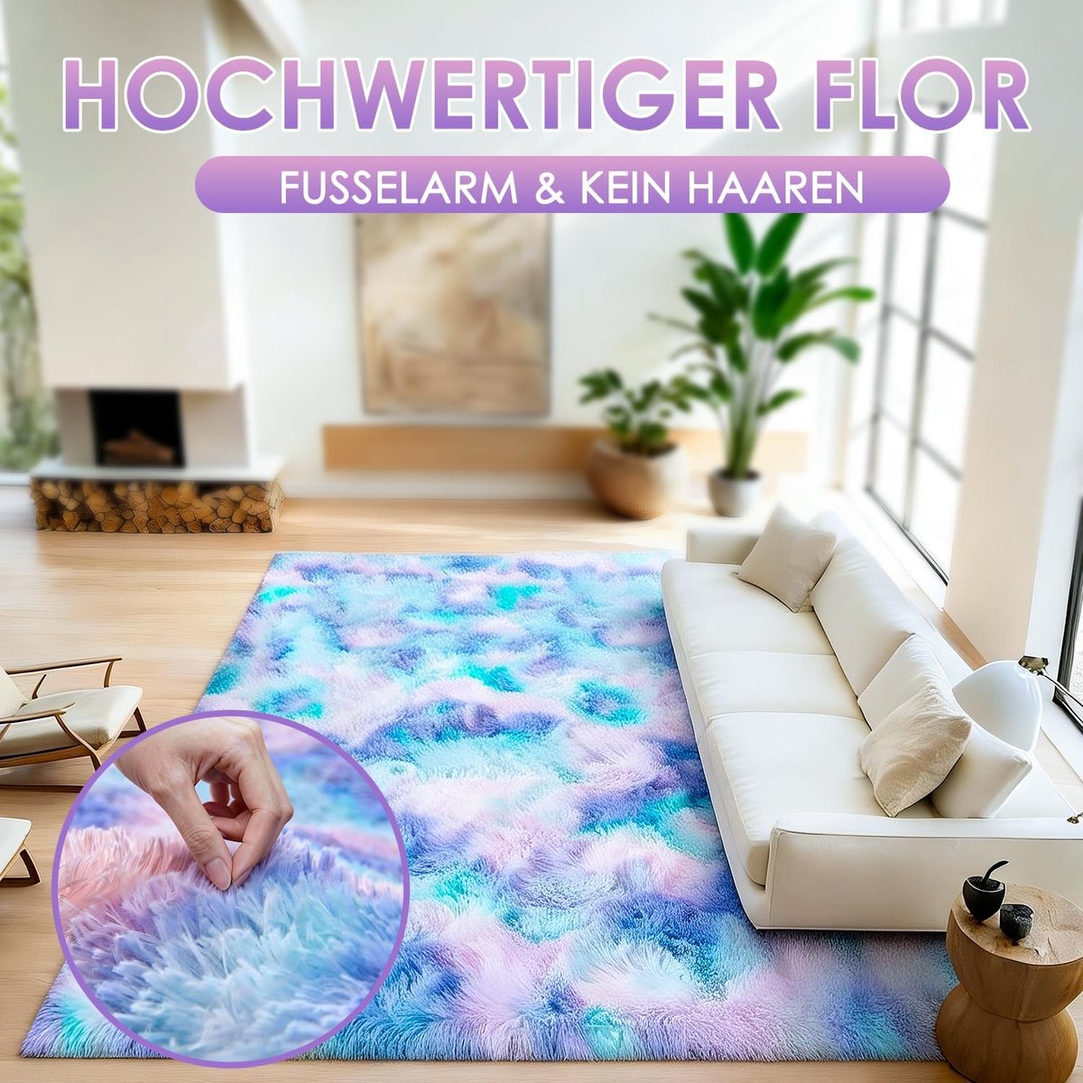 SnelShoppen - Hoogpolig tapijt 120x160 cm, superzacht en fluffy vloerkleed in blauw paars, ideaal voor woonkamer en slaapkamer, langharig en comfortab