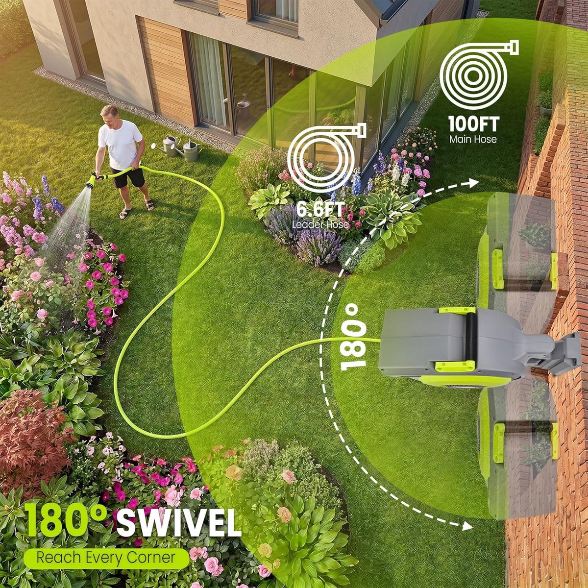 SnelShoppen - Wandmontage Tuinslanghaspel 1/2 inch 30 m + 2 m, Automatische Inrolfunctie met Langzaam Terugloopsysteem, Lengtebegrenzer, 180° Draaibar