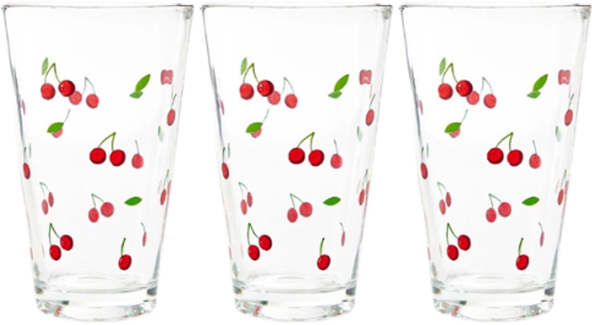 Homla - Drinkglas - Drinkglazen met Kersen Design - Set van 3 - Glazen Waterglazen - Voor Sap, Limonade, Cocktails & Frisdrank - 300 ml - Ø8 x 12 cm - Transparant