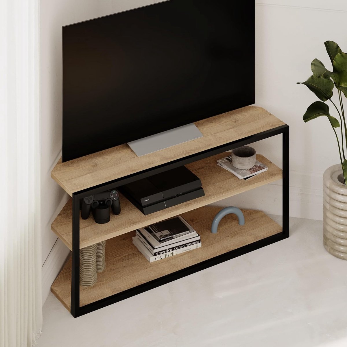 SnelShoppen - Moderne Hoek TV-standaard voor TV's tot 109 cm - TV-kast met Opbergplank - Metalen Frame en Spaanplaat - Eiken Kleur - Ideaal voor Woonk