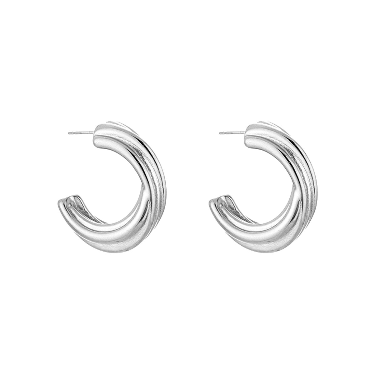 Stainless Steel Chunky Triple Ribbon Open Hoops – Luxe Ribbel Halve Oorringen – RVS - Zilver