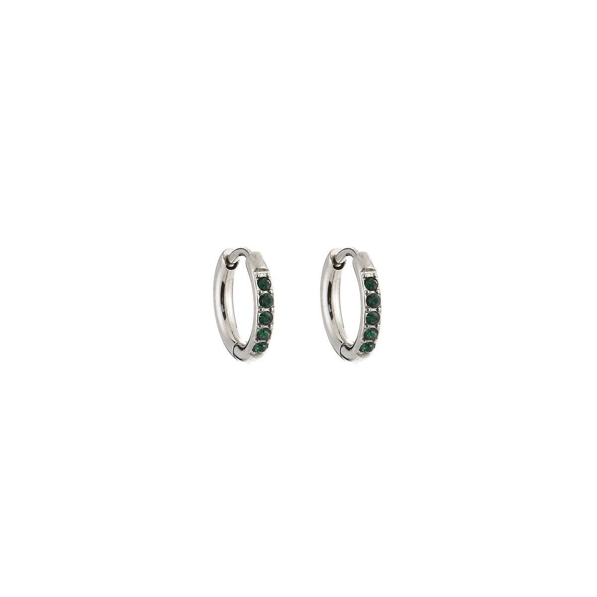 Stainless Steel Strass Huggie Hoops – Luxe Zirkonia Oorringen – RVS - Zilver/Groen