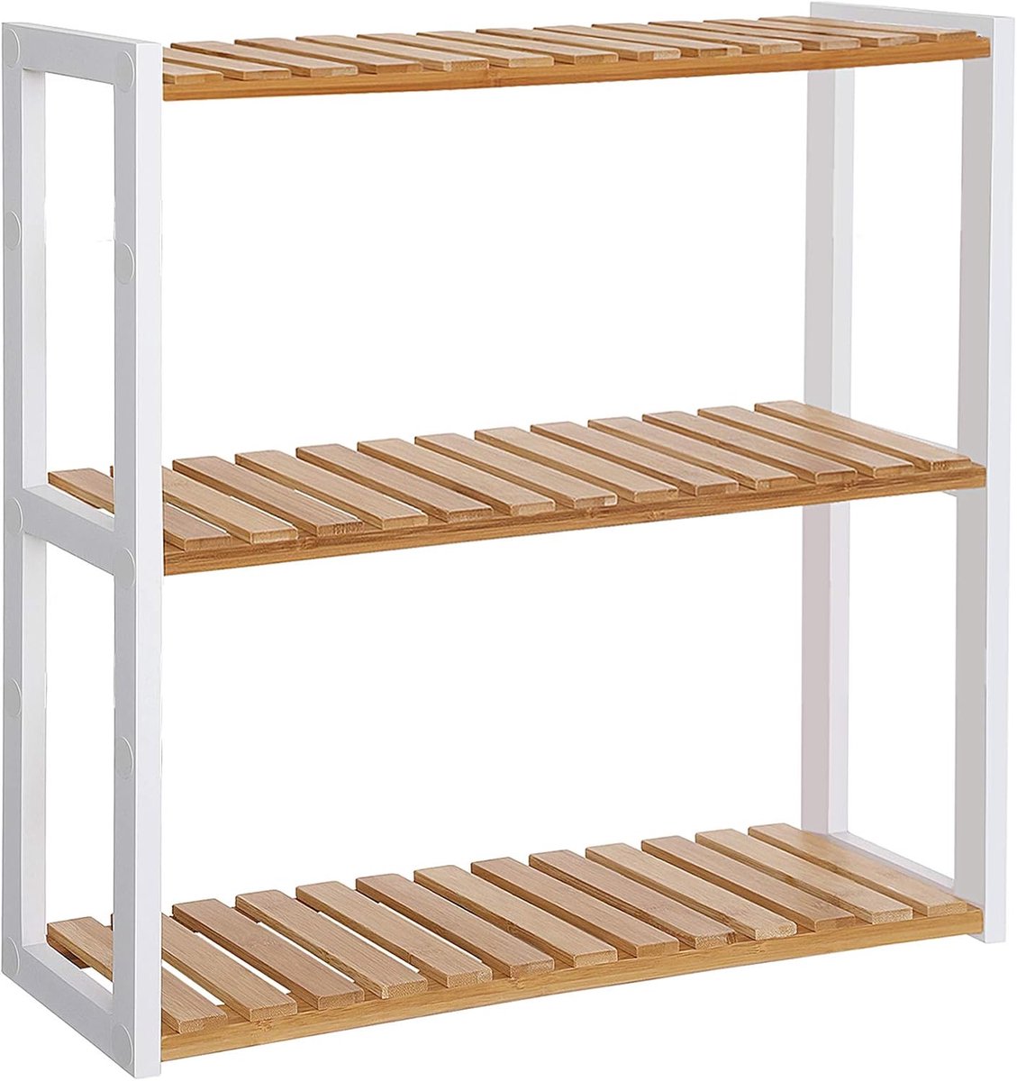 SONGMICS Badkamerplank, Badkamerplank, Bamboe plank, Plantenplank met 3 verstelbare planken, Wandmontage, Vrijstaand, voor Woonkamer, Hal, Keuken, 60 x 15 x 54 cm, Naturel en Wit BCB13WN