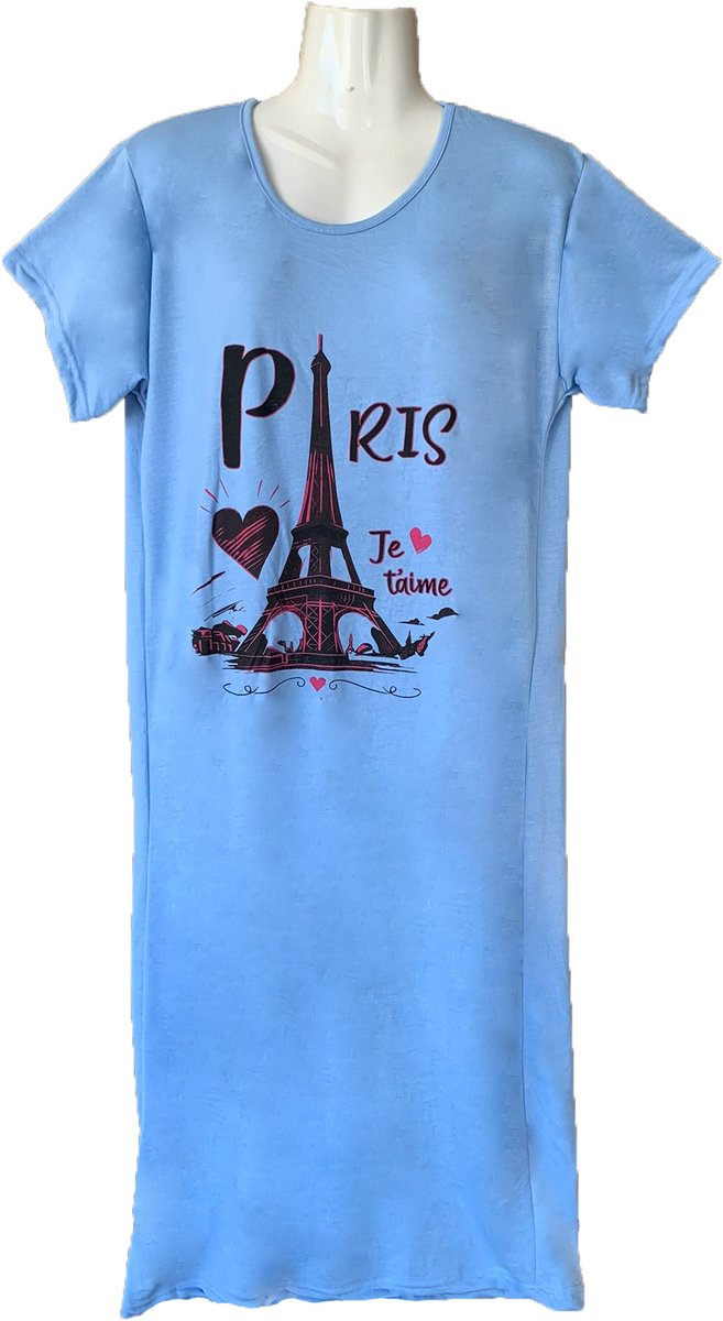 Big Shirt Dames Nachthemd Katoen Driekwart - Kleur Blauw met Parijs Eiffeltoren Print - Maat M