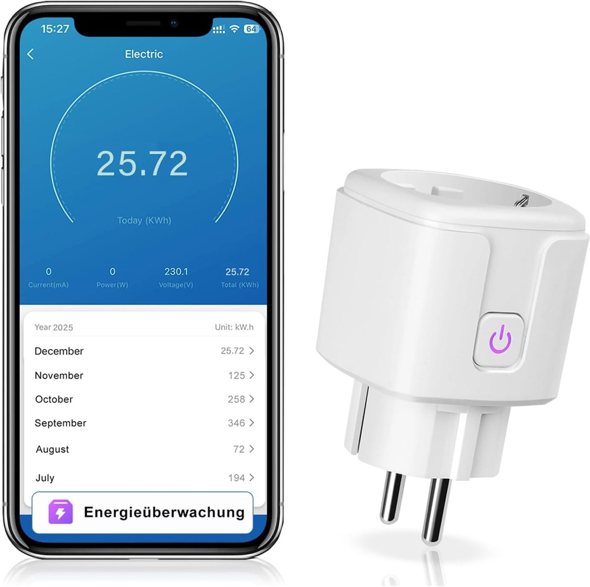 SnelShoppen - Smart Stopcontact met Stroommeting, WLAN Stopcontact voor Smart Home, Compatibel met Alexa en Google Assistant, Spraakbediening, Timer,