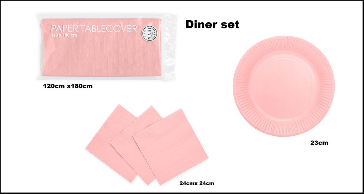 Diner set roze big - 1x Tafelkleed roze 120cmx 180cm + 16x Bord 23cm roze + 20x servetten roze 24cm x 24cm - Themafeest rozeparty