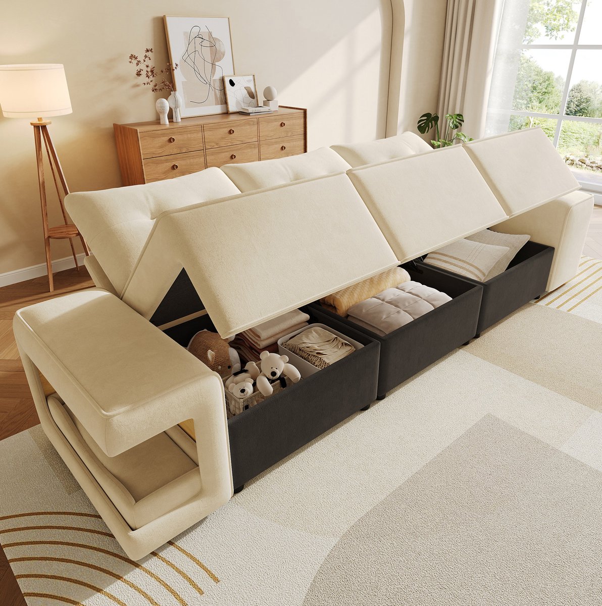 REDOM - Zitbank - 3-zits met opbergruimte - modulaire opbouw met brede armleuningen - 2 kussens - woonkamer - fluweel - Beige - 229,5 x 78 x 84 cm