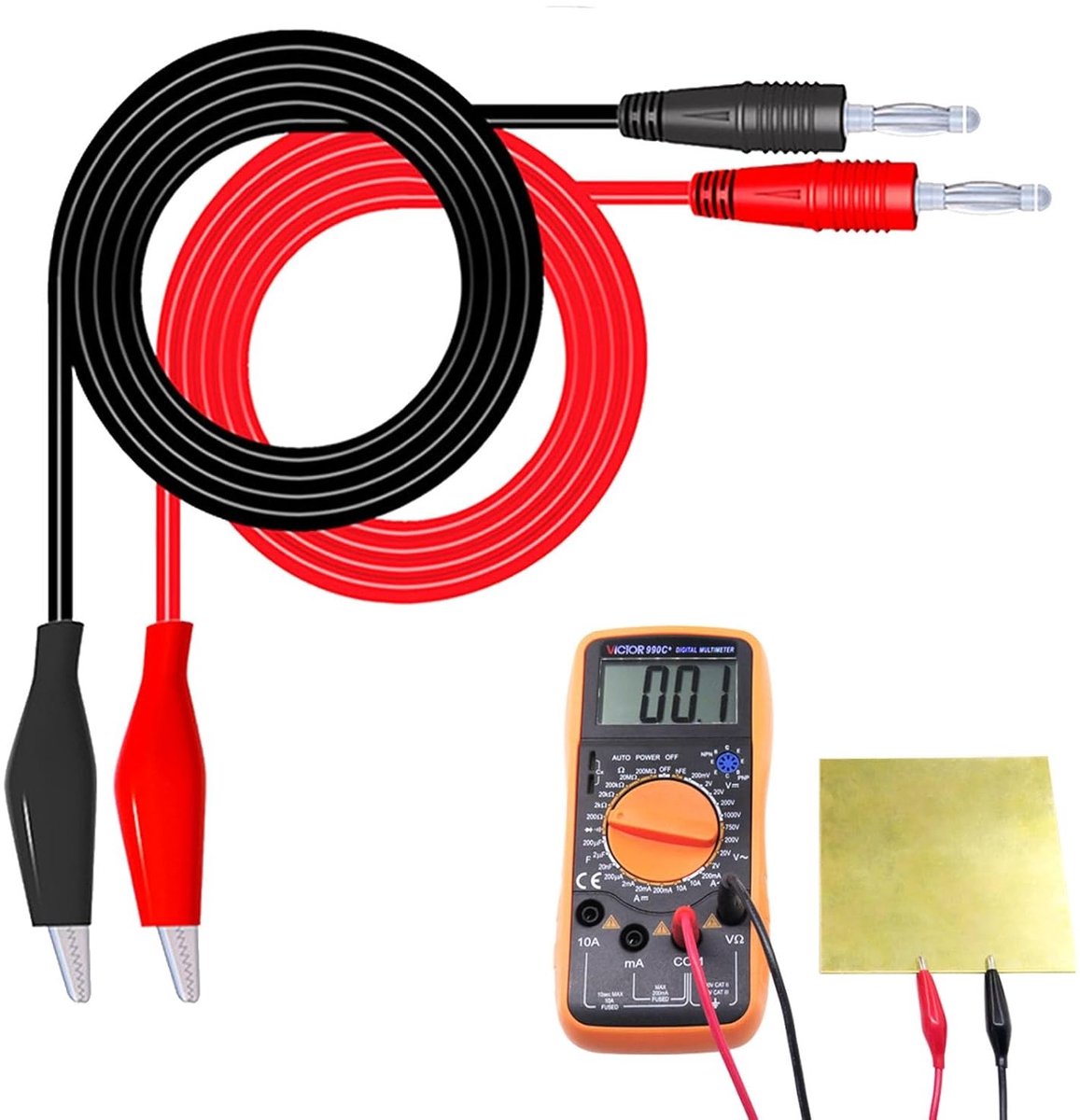 Meetkabelset met 4 mm Bananenpluggen, 1 m lang, inclusief krokodillenklemmen en testprobes voor digitale multimeters, ideaal voor elektrische metingen en testen.