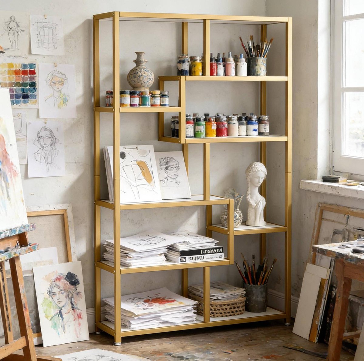 Boekenkast – Open Design Met 8 Planken – 180 X 100 X 30 Cm – Metaal En Kunstmarmer – Goud En Wit – Voor Woonkamer En Werkruimte