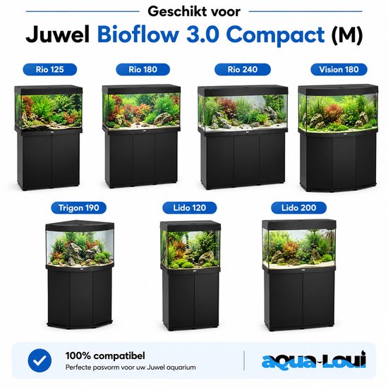 Verschillende Juwel aquaria met planten en decoratie, aangeduid als geschikt voor Juwel Bioflow 3.0 Compact (M).