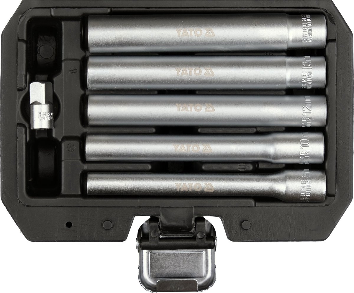 YATO Extra Lange Dopsleutel Set 120 mm – 5-Delig (8, 10, 12, 13, 14 mm) – Voor Handremkabel, Bumpers & Carrosserie – Zeskant CrV – Met Adapter & Koffer