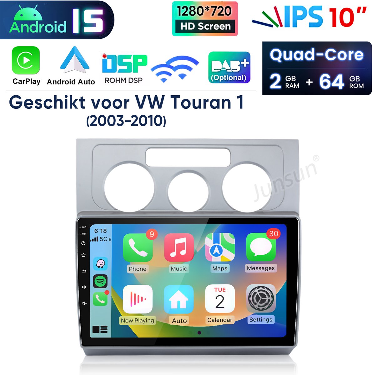 HexinexMarket - Autoradio Geschikt voor VW Touran 1 (2003- 2010) - Draadloos CarPlay, Android Auto, GPS Navi, multimediaspeler, 2GB+64GB