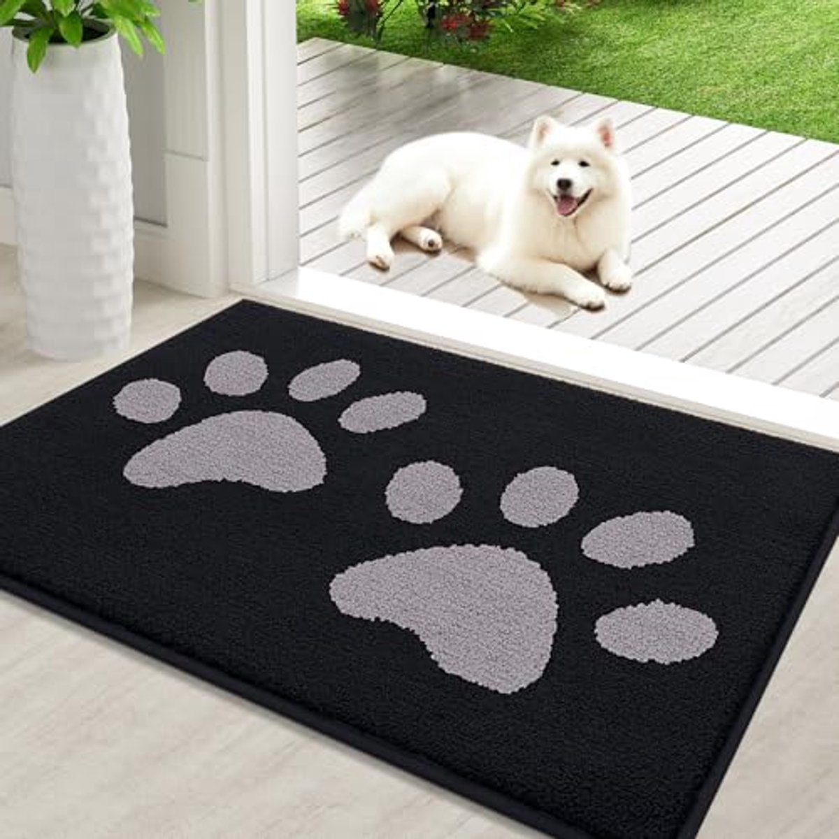 Olanly - Deurmat - Voor en achterdeurmat - Vuilafstotend en wasbaar - 60x90 cm - Zwart met grijze hondenpootafdruk