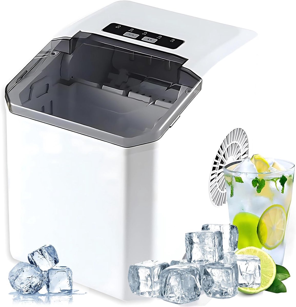Draagbare ijsmachine - Kleine ijsmachine - IJsmachine voor thuis - Maakt ronde ijsblokjes in 7 minuten - Zelfreinigende functie, geschikt voor thuiskeukens, bars en feesten - Wit