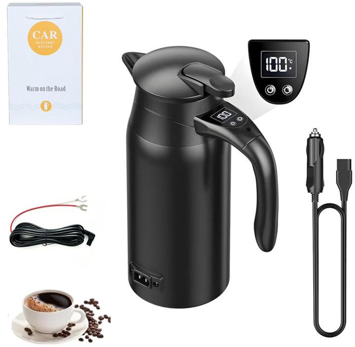 KZQ Elektrische waterkoker voor de auto – Draagbare multifunctionele waterkoker – 12V/24V – 800 ml – Dubbelwandige isolatie – Digitaal display – Voedingskabel voor de auto – Accukabel van 4 meter – Verbeterde versie