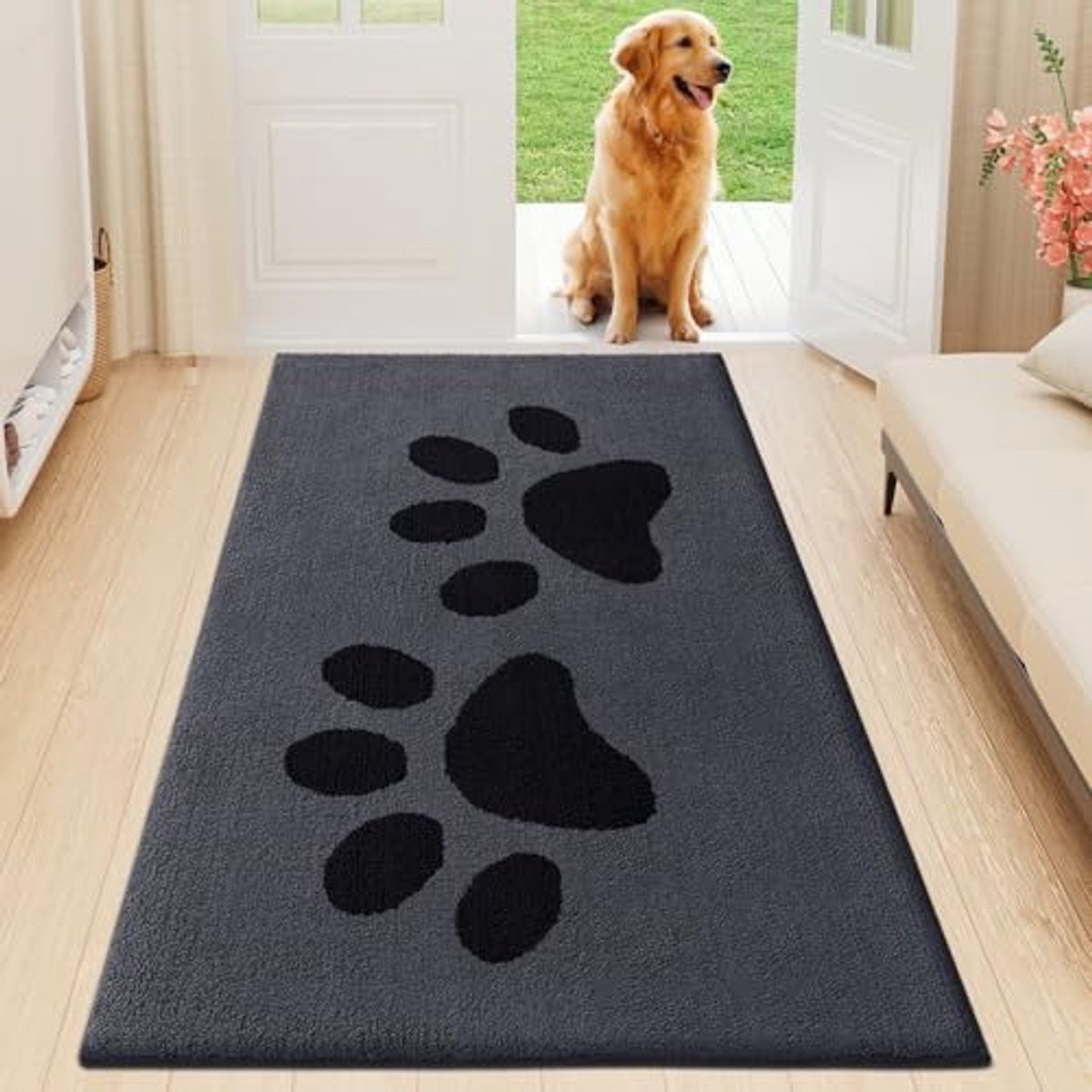 Olanly - Deurmat - Voor en achterdeurmat - Vuilafstotend en wasbaar - 60x150 cm - Donkergrijs met zwarte hondenpootafdruk