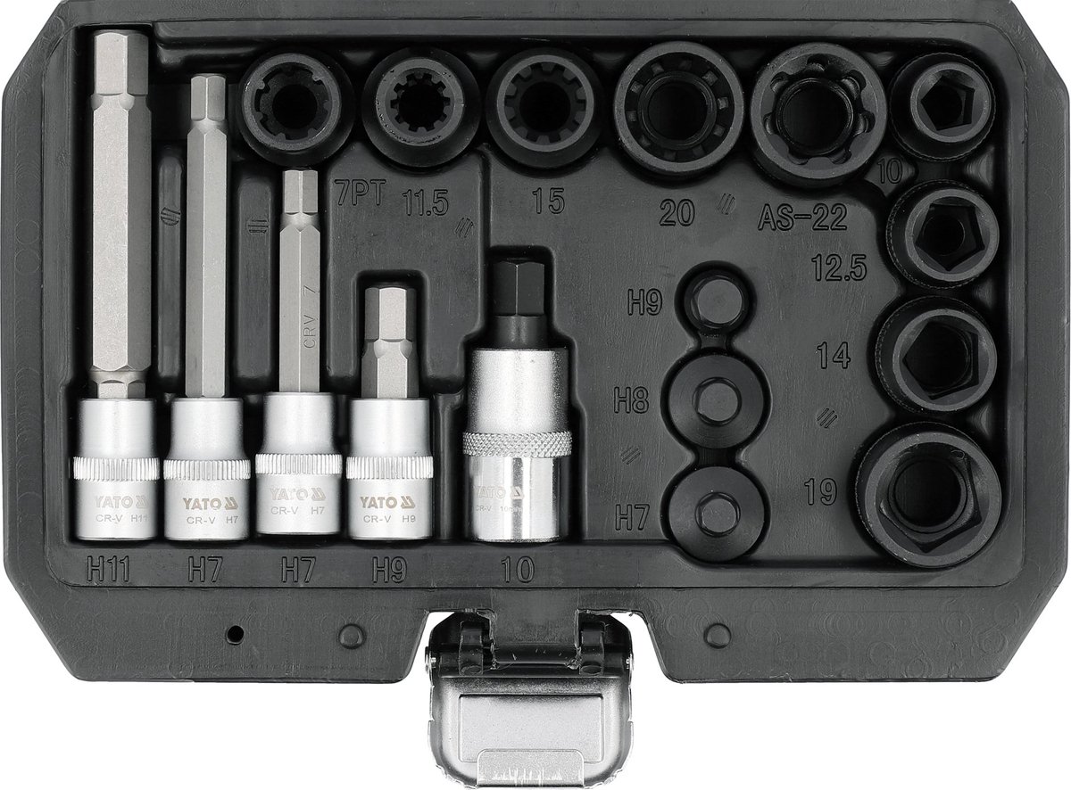 YATO Professionele Remklauw Dopsleutel Set – 17-Delig – 5-Kant, 7-Kant & 10-Kant Speciaal Doppen – 1/4", 3/8" & 1/2" Aansluiting – CrV Staal – Inclusief Opbergkoffer