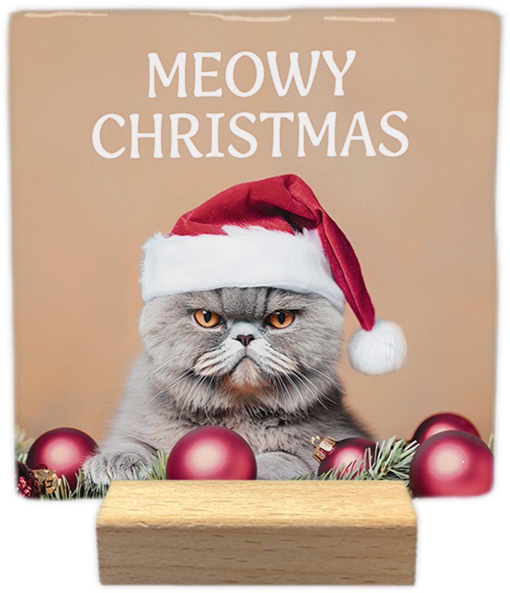 Artige Kerst decoratie tegel met tekst- Meowy christmas - keramisch - 10x10 cm - inclusief houder Beige