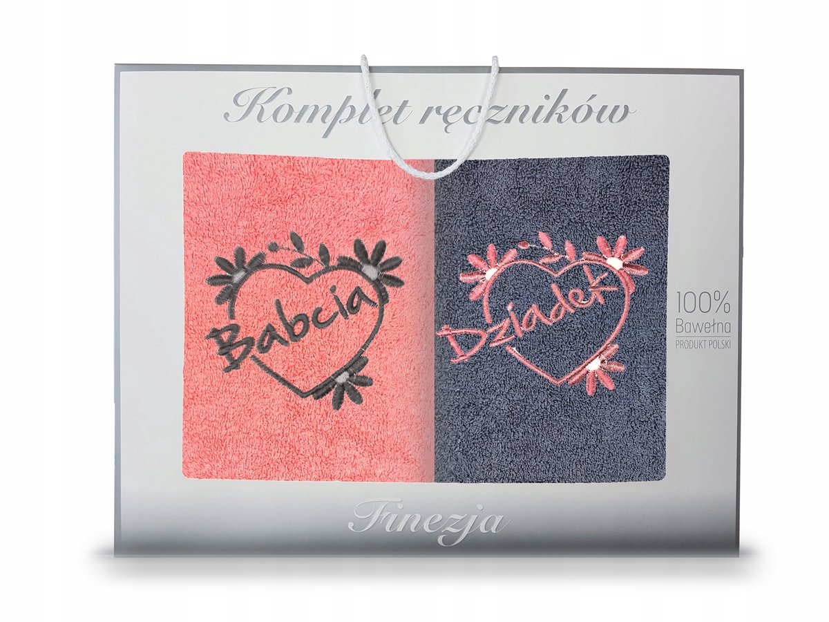 KONEY - Handdoekenset 2-delig - 2 x 70 x 140 cm - Grafiet, Koraal - met borduring Oma & Opa - in geschenkdoos