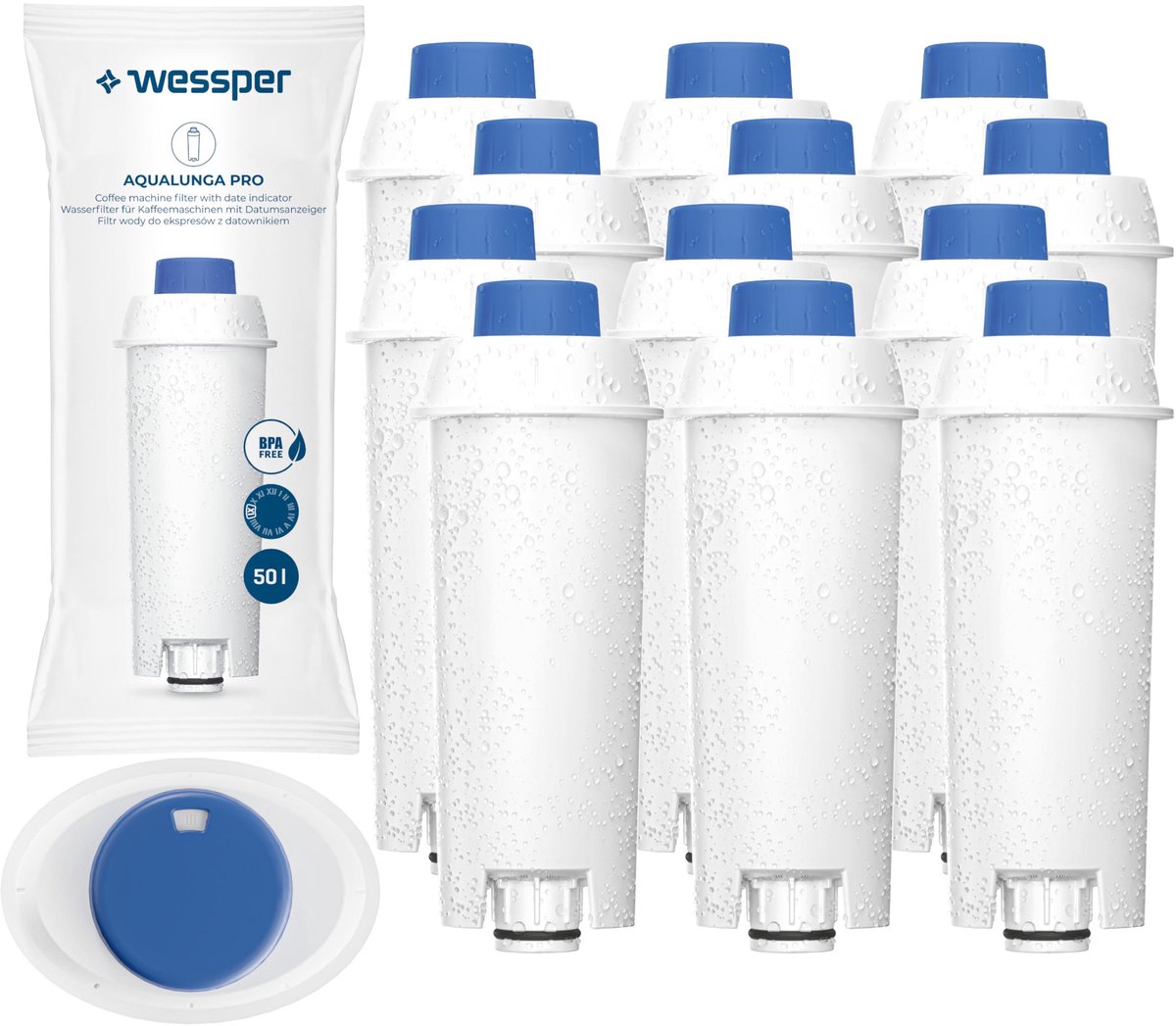12x Wessper AQUALUNGA PRO Waterfilters voor Delonghi - voor Koffiemachines - waterfilters voor Magnifica Dinamica Eletta - vervanging voor waterfilter SER3017, DLSC002