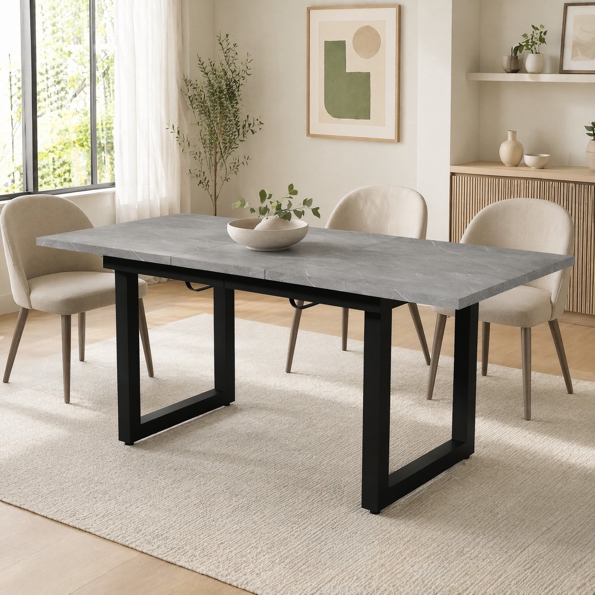 MEUNIQ uitschuifbare eettafel 140/180 x 80 x 75 cm in industriële stijl met rechthoekig MDF tafelblad in betonlook en zwart metalen frame